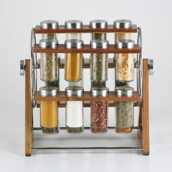 Union Rustic Rotate Acacia Wood Carousel 15 Spice Jar & Rack Set